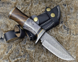 DAMASCUS STEEL BOWIE KNIFE, 10.0", DAMASCUS STEEL STRAIGHT BACK BLADE, HIGHLY FIGURED BOLIVIAN ROSE WOOD, DAMASCUS GUARD, FIXED BLADE, FULL TANG, HAND STITCHED LEATHER SHEATH - SUSA KNIVES