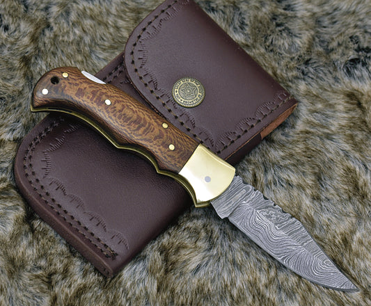DAMASCUS FOLDING KNIFE, DAMASCUS POCKET KNIFE, CUSTOM DAMASCUS FOLDER, CLIP POINT BLADE, LOCK BACK FOLDING KNIFE, EXOTIC LEOPARD WOOD HANDLE, HAND CARVED SPINE, LANYARD HOLE. - SUSA KNIVES