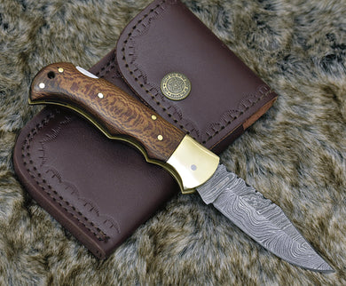 DAMASCUS FOLDING KNIFE, DAMASCUS POCKET KNIFE, CUSTOM DAMASCUS FOLDER, CLIP POINT BLADE, LOCK BACK FOLDING KNIFE, EXOTIC LEOPARD WOOD HANDLE, HAND CARVED SPINE, LANYARD HOLE. - SUSA KNIVES
