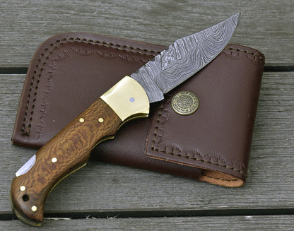 DAMASCUS FOLDING KNIFE, DAMASCUS POCKET KNIFE, CUSTOM DAMASCUS FOLDER, CLIP POINT BLADE, LOCK BACK FOLDING KNIFE, EXOTIC LEOPARD WOOD HANDLE, HAND CARVED SPINE, LANYARD HOLE. - SUSA KNIVES