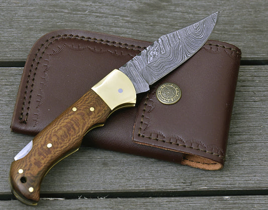DAMASCUS FOLDING KNIFE, DAMASCUS POCKET KNIFE, CUSTOM DAMASCUS FOLDER, CLIP POINT BLADE, LOCK BACK FOLDING KNIFE, EXOTIC LEOPARD WOOD HANDLE, HAND CARVED SPINE, LANYARD HOLE. - SUSA KNIVES