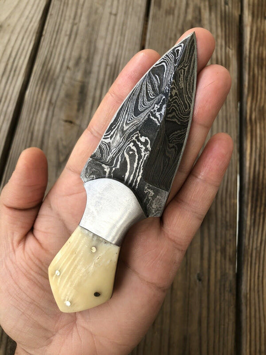 HAND FORGED DAMASCUS STEEL Dagger Boot Knife W/ BONE & Steel Bolster Handle - SUSA KNIVES