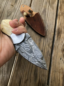 HAND FORGED DAMASCUS STEEL Dagger Boot Knife W/ BONE & Steel Bolster Handle - SUSA KNIVES