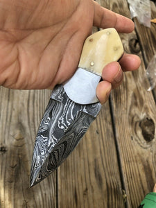 HAND FORGED DAMASCUS STEEL Dagger Boot Knife W/ BONE & Steel Bolster Handle - SUSA KNIVES