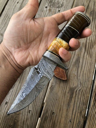 CUSTOM HAND FORGED DAMASCUS STEEL HUNTING KNIFE W/ Bone & Damascus Guard Handle - SUSA KNIVES