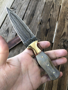 HAND FORGED DAMASCUS STEEL Dagger Boot Knife W/ Dye Bone & Brass Bolster Handle - SUSA KNIVES