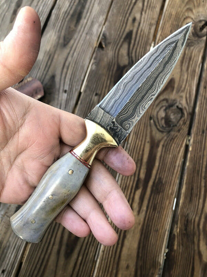 HAND FORGED DAMASCUS STEEL Dagger Boot Knife W/ Dye Bone & Brass Bolster Handle - SUSA KNIVES