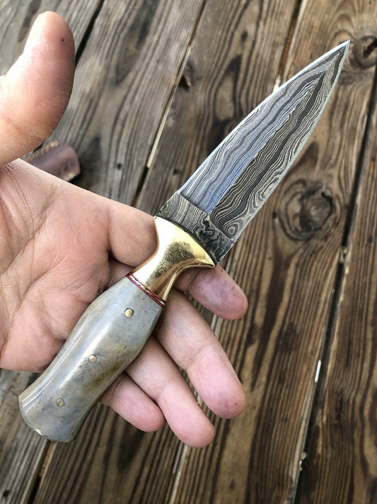 HAND FORGED DAMASCUS STEEL Dagger Boot Knife W/ Dye Bone & Brass Bolster Handle - SUSA KNIVES