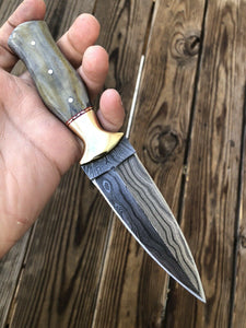 HAND FORGED DAMASCUS STEEL Dagger Boot Knife W/ Dye Bone & Brass Bolster Handle - SUSA KNIVES