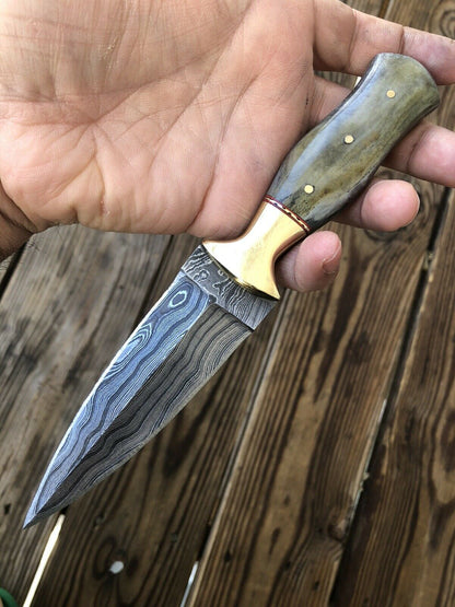 HAND FORGED DAMASCUS STEEL Dagger Boot Knife W/ Dye Bone & Brass Bolster Handle - SUSA KNIVES