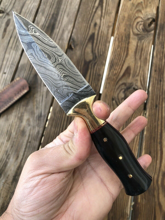 HAND FORGED DAMASCUS STEEL Dagger Boot Knife W/ Horn & Brass Bolster Handle - SUSA KNIVES