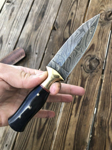 HAND FORGED DAMASCUS STEEL Dagger Boot Knife W/ Horn & Brass Bolster Handle - SUSA KNIVES