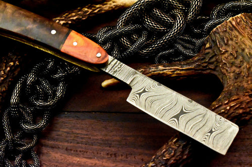 Custom Handmade Damascus Steel Blade Barber Folding Razor | Hard Wood - SUSA KNIVES