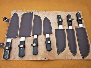 CUSTOM HANDMADE DAMASCUS STEEL CHEF SET/KITCHEN KNIVES 7 PCS ,BUFFALO HORN - SUSA KNIVES