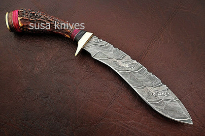 Custom Handmade Damascus Steel Kukri Style Hunting Knife with Stag Handle - SUSA KNIVES