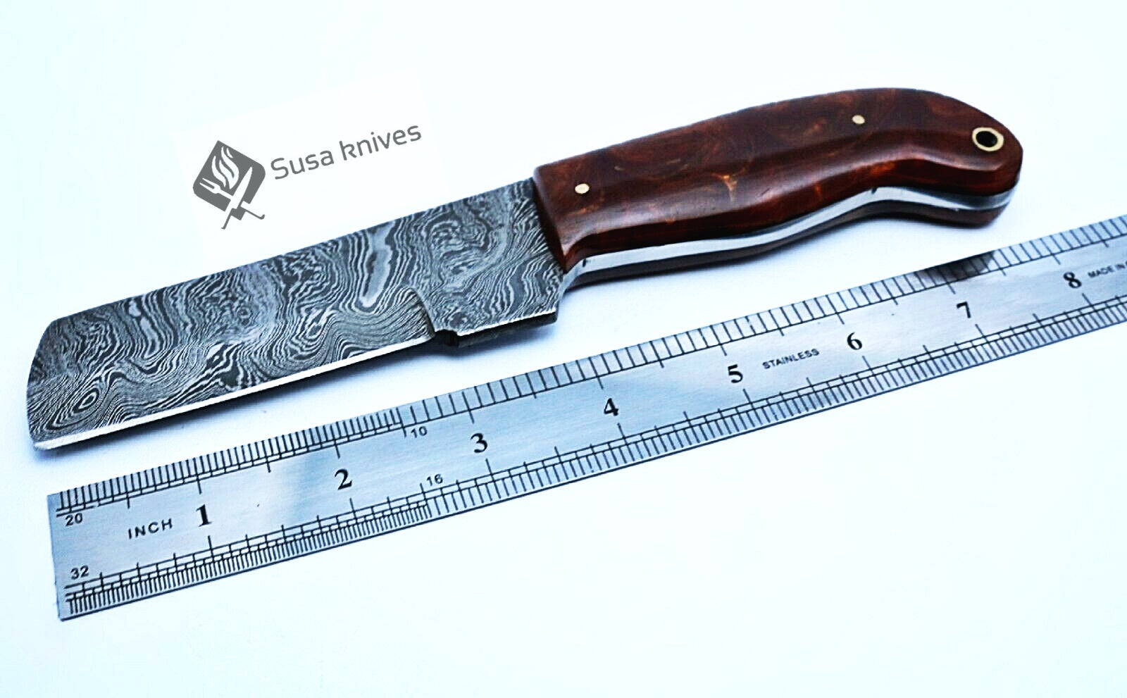 HAND FORGED DAMASCUS STEEL BULL CUTTER/COWBOY KNIFE & RISEN HANDLE - SUSA KNIVES