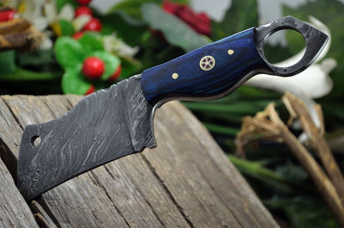 CUSTOM HANDMADE DAMASCUS STEEL EXOTIC WOOD MINI CLEAVER KNIFE - POCKET KNIFE - SUSA KNIVES