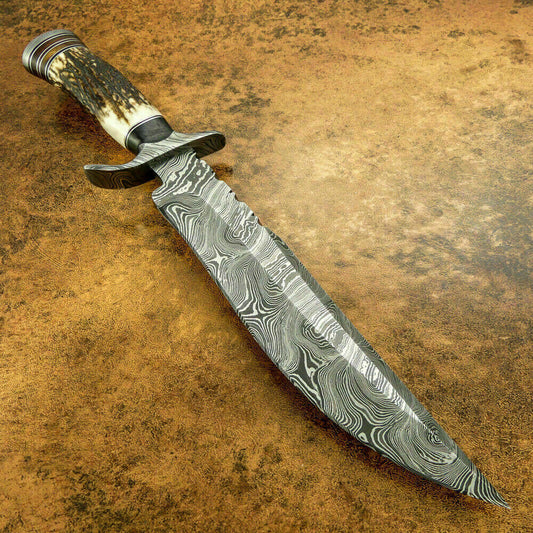 CUSTOM DAMASCUS BOWIE HUNTING KNIFE - DAMASCUS GUARD - STAG ANTLER HANDLE - SUSA KNIVES