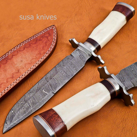 Handmade Damascus Steel Bowie Knive - Cammel Bone & Rose Wood Handle - SUSA KNIVES