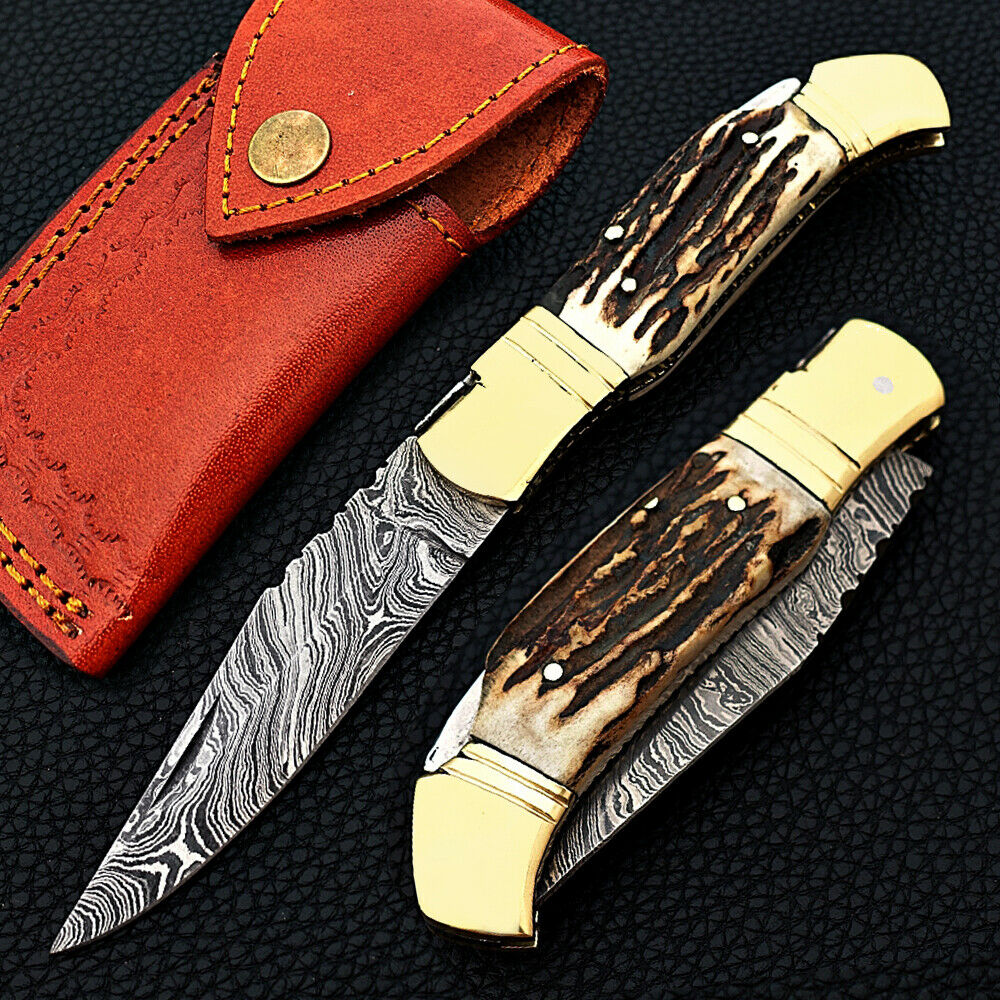 Hand Made Damascus Steel Folding/Pocket Knife Stag Horn Handle Back Lock - SUSA KNIVES