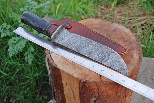 13”inch HAND FORGED DAMASCUS STEEL Hunting Knife Bowie W/ Leather Sheath - SUSA KNIVES