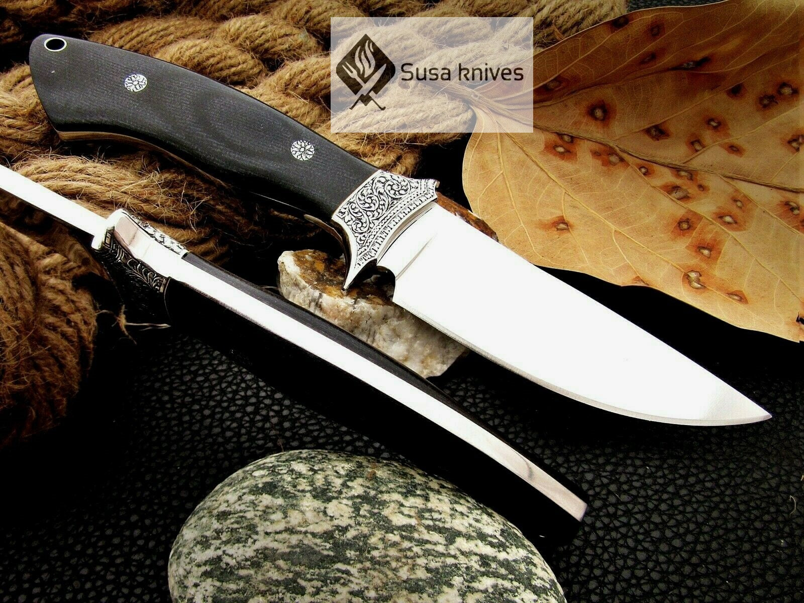 , HANDMADE ENGRAVED, HUNTING/FIGHTING KNIFE  440C MIRROR POLISHED - SUSA KNIVES