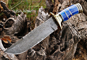 DAMASCUS STEEL BLADE HUNTING BOWIE KNIFE,DYED BONE HANDLE .,OVERALL 12.75"INCH - SUSA KNIVES