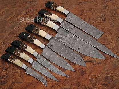 CUSTOM MADE DAMASCUS BLADE KITCHEN KNIFE 8Pc's SET - SUSA KNIVES