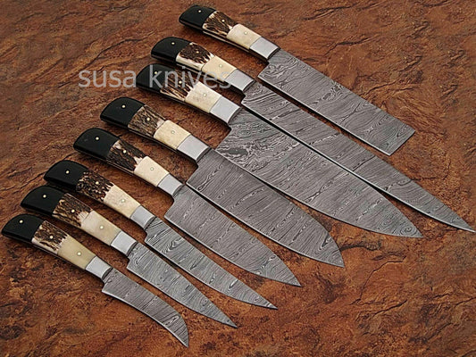 CUSTOM MADE DAMASCUS BLADE KITCHEN KNIFE 8Pc's SET - SUSA KNIVES