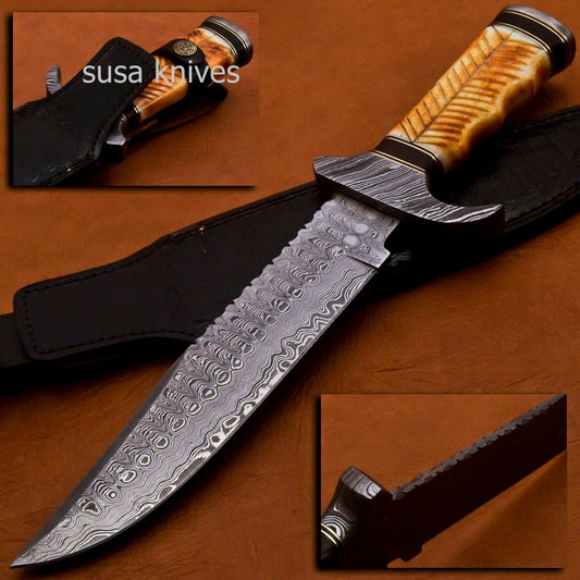 Handmade Damascus Steel Bowie Knive -Cammel Bone & Rose Wood Handle - SUSA KNIVES