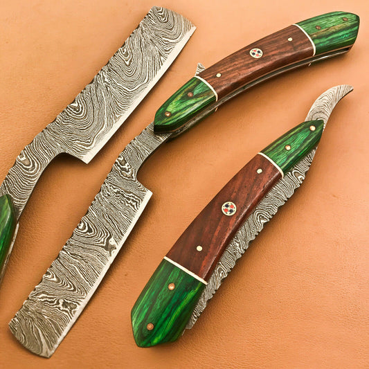 Superb Custom Damascus Steel Folding Handmade Sharp Blade Razors Natural Wood - SUSA KNIVES