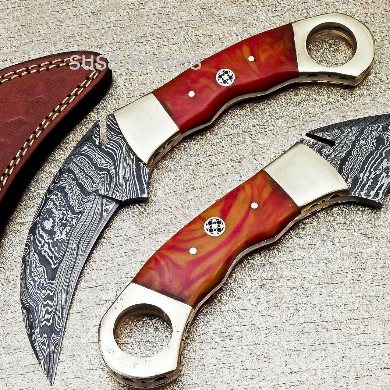SUPERB CUSTOM HAND FORGED DAMASCUS STEEL KARAMBIT KNIFE CORIAN MATERIAL - SUSA KNIVES