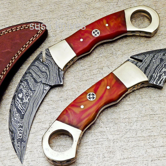 SUPERB CUSTOM HAND FORGED DAMASCUS STEEL KARAMBIT KNIFE CORIAN MATERIAL - SUSA KNIVES