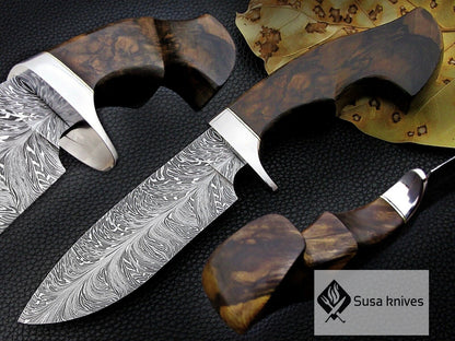 CUSTOM MADE, FEATHER PATTERN,SCENIC HANDLE, OUTDOOR HUNTING, FIGHTING CLAW KNIFE - SUSA KNIVES