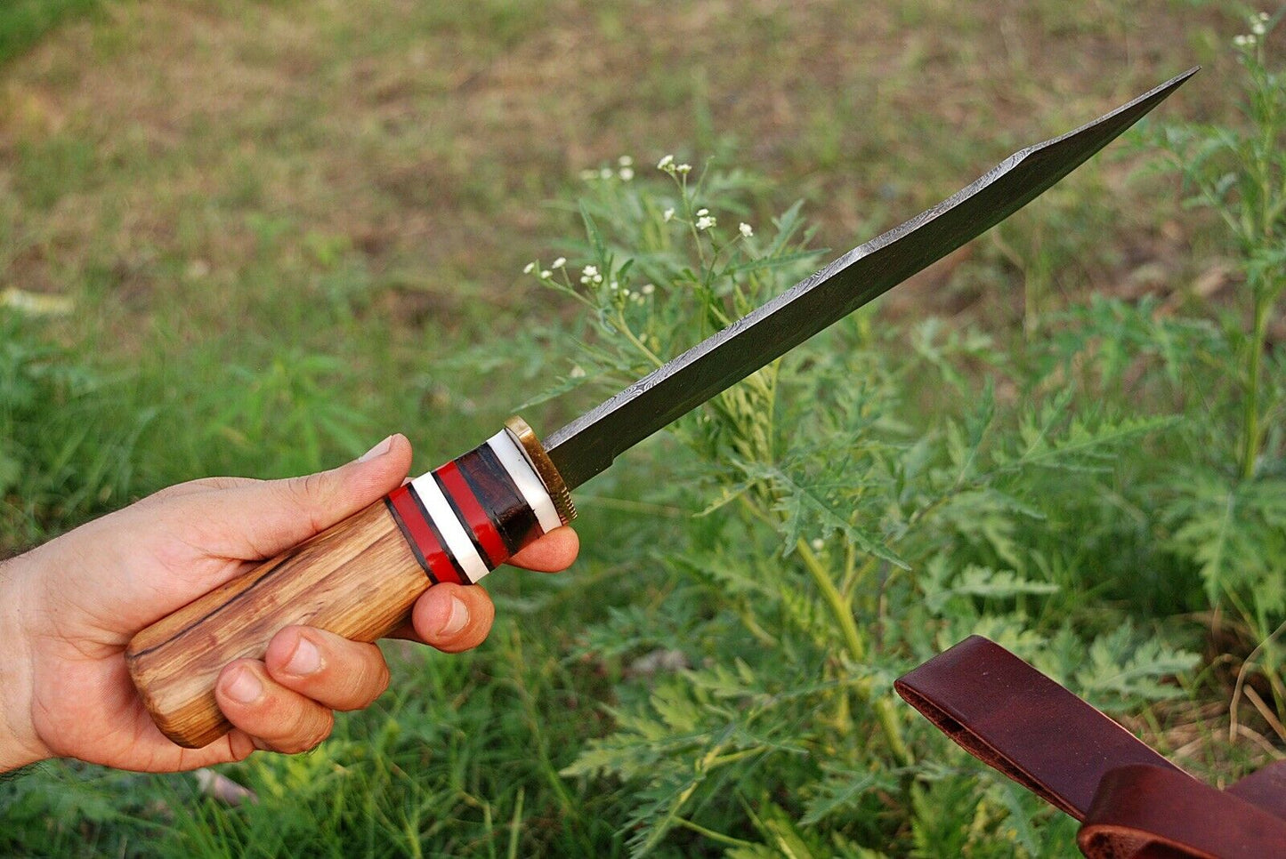 13 Inch”HAND FORGED DAMASCUS STEEL Hunting Bowie Knife w/Olive Wood Handle - SUSA KNIVES