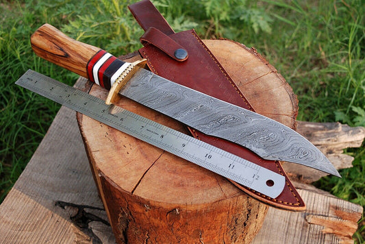 13 Inch”HAND FORGED DAMASCUS STEEL Hunting Bowie Knife w/Olive Wood Handle - SUSA KNIVES