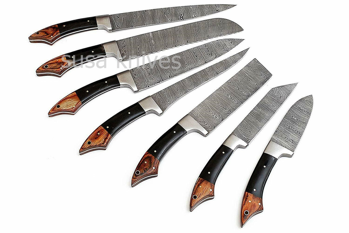 Professional Kitchen Knives Custom Made Hand Crafted Damascus Steel 7Pcs. SET - SUSA KNIVES