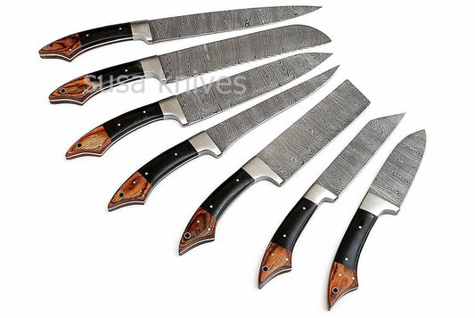 Professional Kitchen Knives Custom Made Hand Crafted Damascus Steel 7Pcs. SET - SUSA KNIVES