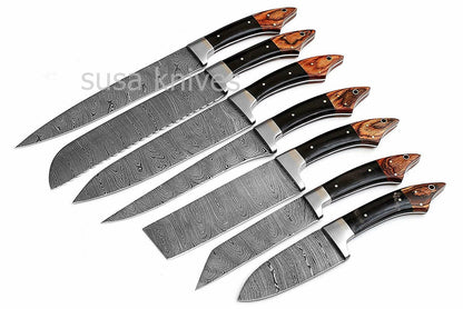 Professional Kitchen Knives Custom Made Hand Crafted Damascus Steel 7Pcs. SET - SUSA KNIVES