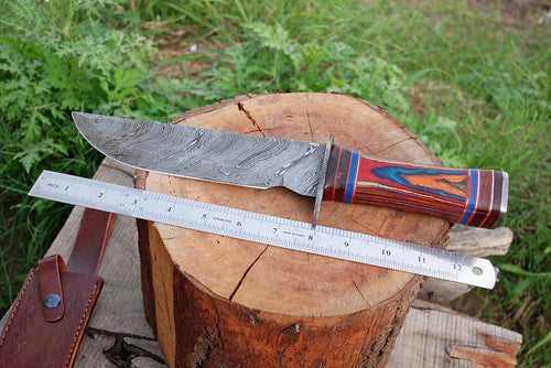 13 Inch”HAND FORGED DAMASCUS STEEL Hunting Bowie Knife w/ Wood Handle - SUSA KNIVES