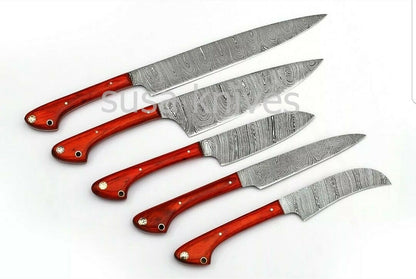 Custom Handmade Damascus kitchen/Chef Knife Set  5pcs-Orange - SUSA KNIVES