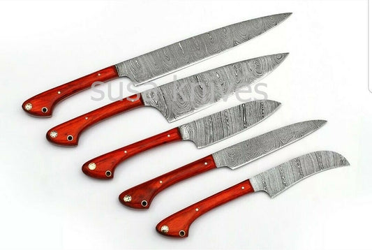 Custom Handmade Damascus kitchen/Chef Knife Set  5pcs-Orange - SUSA KNIVES