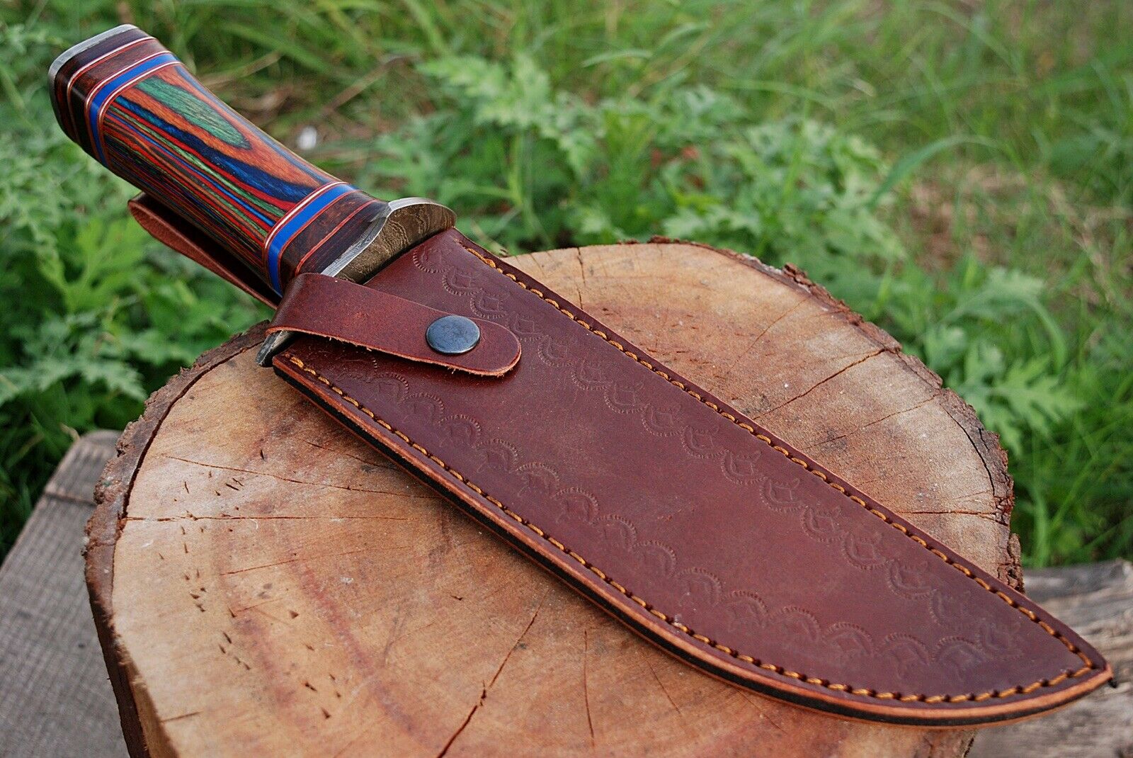 13 Inch”HAND FORGED DAMASCUS STEEL Hunting Bowie Knife w/ Wood Handle - SUSA KNIVES