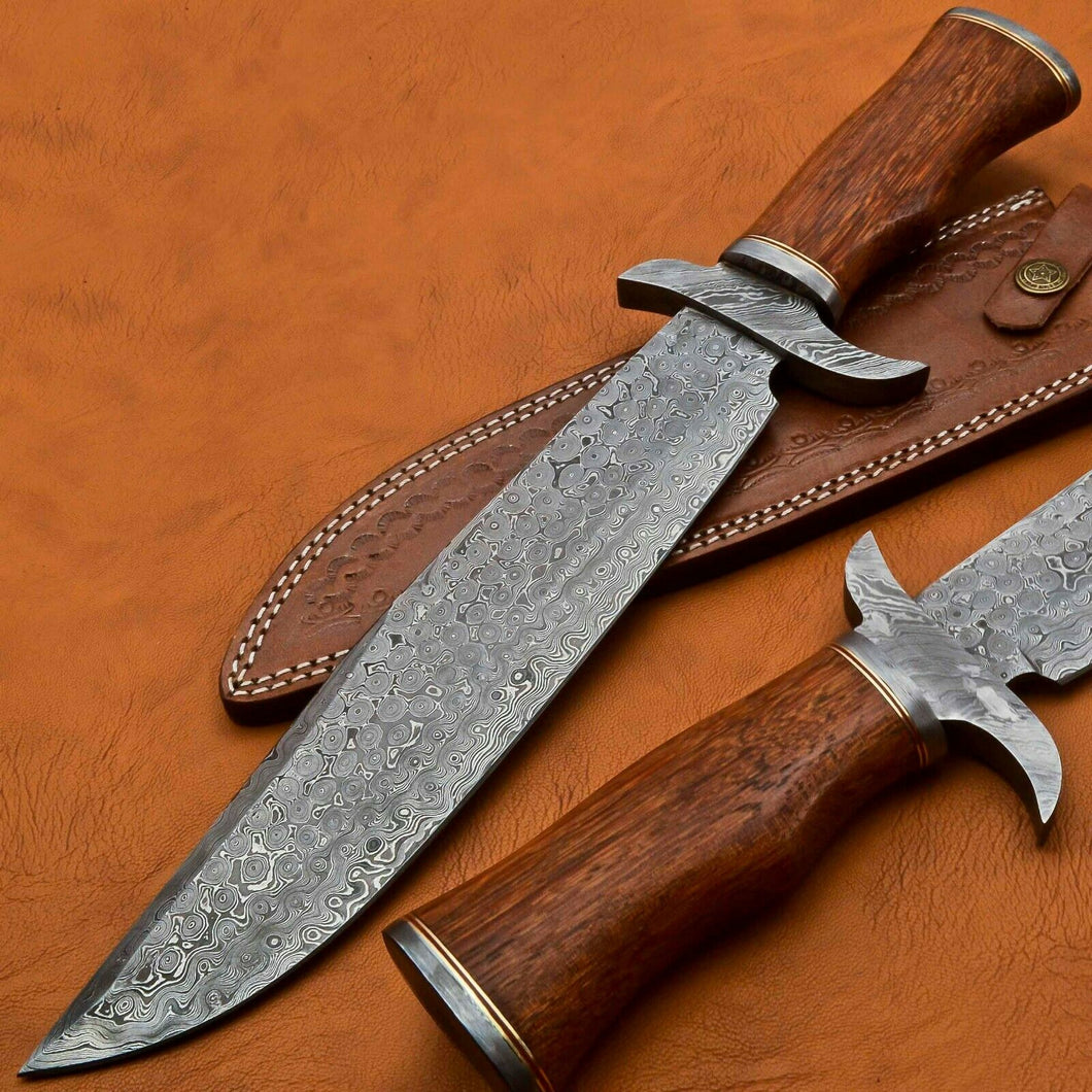 HANDMADE DAMASCUS STEEL HUNTING BOWIE/DAGGER KNIFE HANDLE ROSE WOOD - SUSA KNIVES