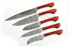 Load image into Gallery viewer, Custom Handmade Damascus kitchen/Chef Knife Set  5pcs-Orange - SUSA KNIVES
