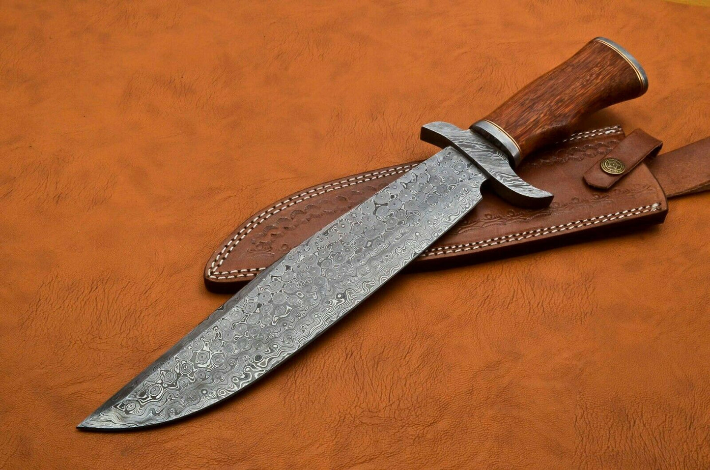 HANDMADE DAMASCUS STEEL HUNTING BOWIE/DAGGER KNIFE HANDLE ROSE WOOD - SUSA KNIVES