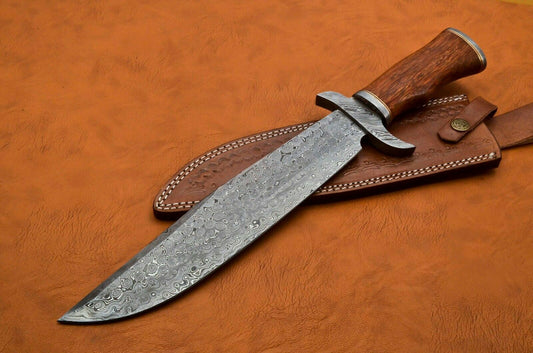 HANDMADE DAMASCUS STEEL HUNTING BOWIE/DAGGER KNIFE HANDLE ROSE WOOD - SUSA KNIVES