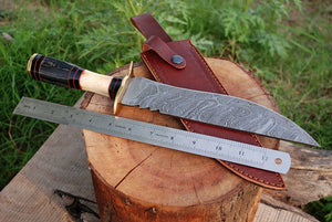 13 Inch”HAND FORGED DAMASCUS STEEL Hunting Bowie Knife w/Wood & Bone Handle - SUSA KNIVES