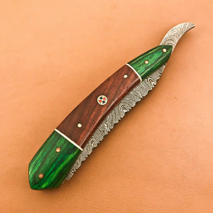 Superb Custom Damascus Steel Folding Handmade Sharp Blade Razors Natural Wood - SUSA KNIVES