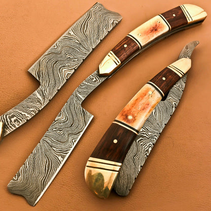 Superb Custom Damascus Steel Folding Handmade Razors Natural Wood & Camel Bone - SUSA KNIVES